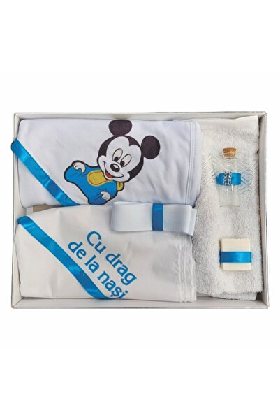 OEM Set Botez din Trusou 7 piese cu Mickey Bebe și Lumânare cu Mickey ornată cu benzi bleu