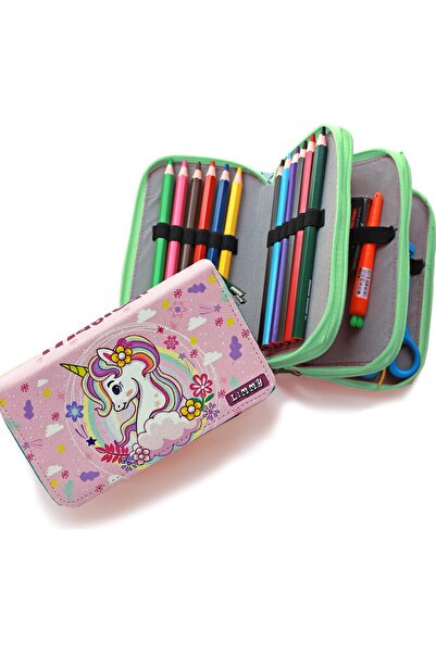 Limmy Ανοιξιάτικη Floral Unicorn Μολυβοθήκη Πράσινη kawai Organizer Μολυβοθήκη Vegan Δερμάτινη θήκη για στυλό τριών διαμερισμάτων- Y