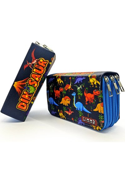 Limmy Dinosaur Palm Pattern Kawai Organizer Pencil Case Pen Case Vegan Leather Three Compartment Pen Holder - Blue