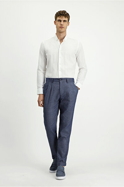 Kiğılı Slim Fit Dar Kesim Desenli Keten Karışımlı Pileli Klasik Kumaş Pantolon