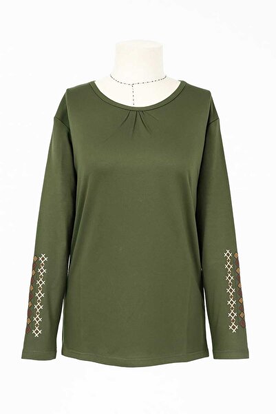 Nacar Moda Kadın Likralı Orta Yaş Ve Üzeri Dört Mevsim Haki Anne Penye Bluz Yeni Sezon Kolu İşlemeli