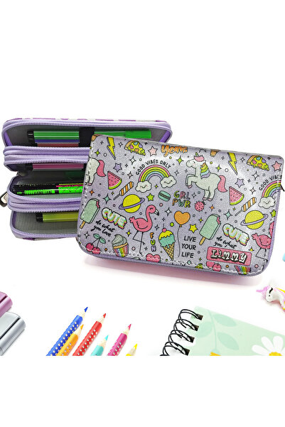 Limmy مقلمة من الجلد النباتي اللامع باللون الأرجواني اللامع على شكل وحيد القرن فلامنغو، حامل قلم ثلاثي الأقسام - أرجواني