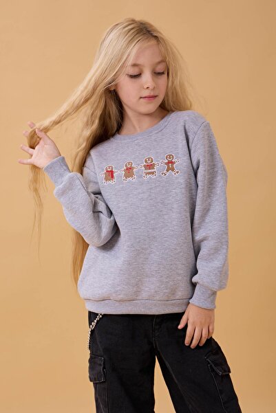 Perendi Girl's Crew Neck Cookie Embroidered Sweatshirt Gray Melange