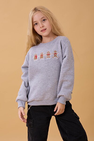 Perendi Girl's Crew Neck Cookie Embroidered Sweatshirt Gray Melange