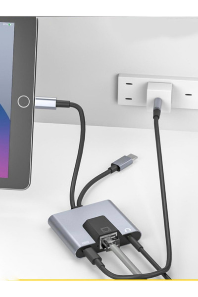 Genel Markalar 3 in 1 Lightning & Type-C to Ethernet Adaptörü RJ45, AUX, Şarj Destekli Çevirici - FC1083