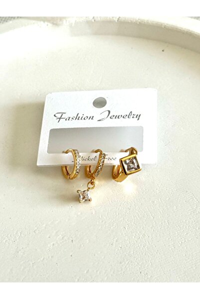 DEMOKAN Kadın Küpe Özel Tasarım 3'lü Baget Taş Model Kararmaz Küpe