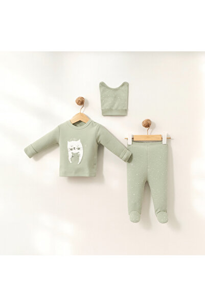 mia mia Kedicik Nakışlı Mavi Şapkalı 3’lü Bebek Takım