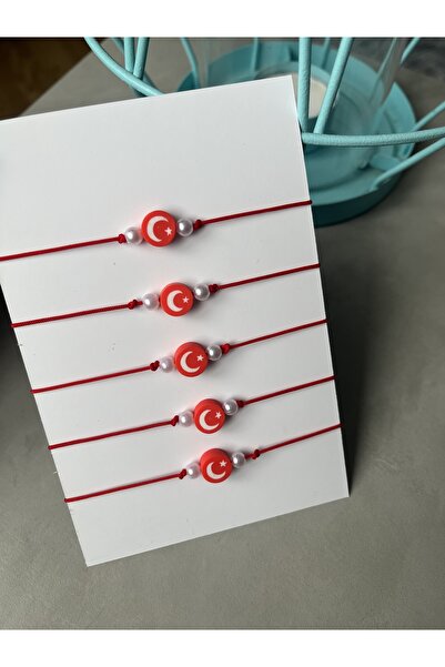 Moda Banuş نجمة القمر مع اللؤلؤ، مع العلم التركي، هدية 23 أبريل، سوار مع 25 خيط أحمر