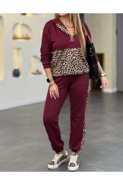 BZ Boutique Women's long sleeve hooded leopard print viscose two-thread blouse and pants two-piece set