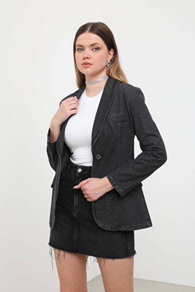 BANNY JEANS سترة نسائية بأكمام طويلة وزر واحد من الجينز أنثراسايت