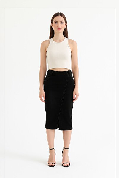 BANNY JEANS Fusta de jeans neagră din lycra de lungime midi cu nasturi latera...