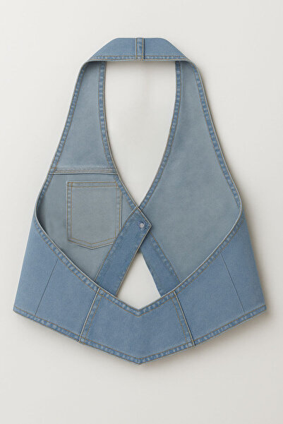 Bluewhite Women's Single Button Jean Vest with Halter Neck