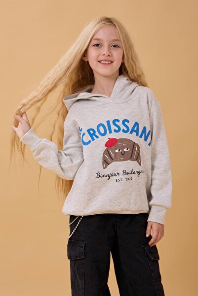 Perendi Girl's Hooded Croissant Printed Sweatshirt with Fleece Inside Gray Melange