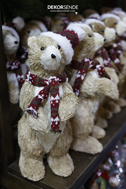 Dekorsende زينة رأس السنة الجديدة دب متوسط الحجم يرتدي قبعة بيريه حمراء 48 سم