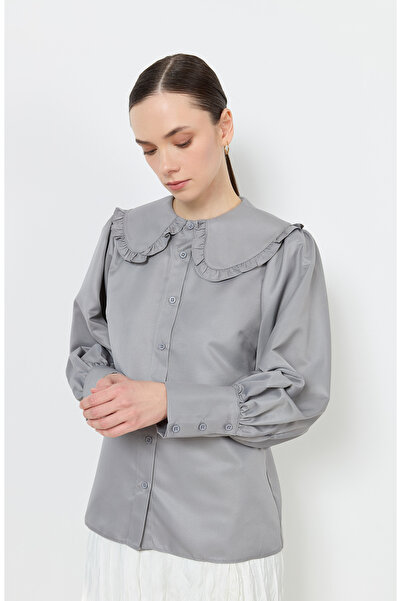 Fatma Atasoy Fırfır Yaka Gri Basic Gömlek