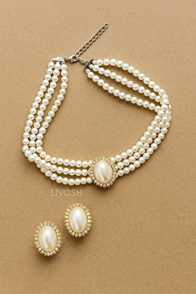 LIVOSH 2’Lİ CHOKER İNCİ KOLYE VE KÜPE SETİ GERDANLIK SETİ