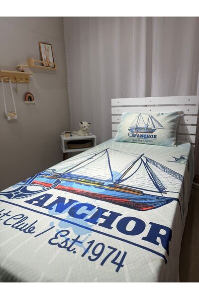 yok yok evim eve dair her şey Sea Theme Patterned Baby Kids Single Pique and Pillowcase Bedspread Set