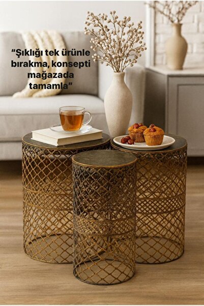 VENON Home Metal Modern Sehpa 3.lü Takım (25,30 VE 35 CM ÇAPLARINDA) Siyah Sarı Patine Orta Zigon Sehpa