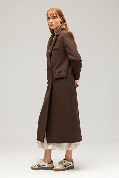 Saade Palton maro pentru femei, oversize, cu două piepturi, lung, țesut, cu detaliu de buzunar