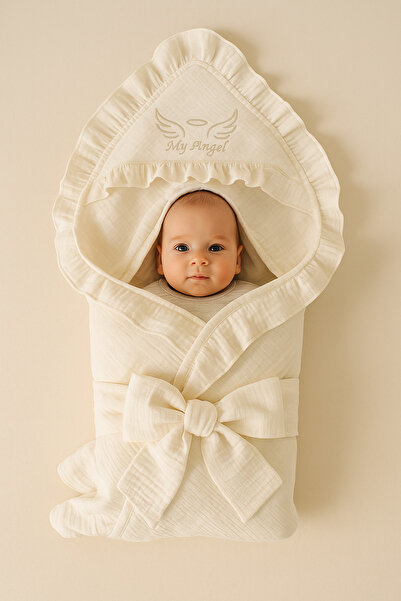 Tomuycuk Ecru 4 Layer Muslin Baby Blanket 100% Cotton Baby Girl / Boy Blanket Swaddle Embroidered Gift