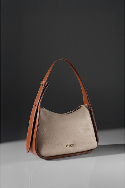 Rimense Women's Beige Suede Tan Faux Leather Hand and Shoulder Bag