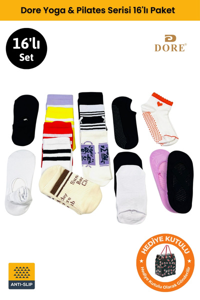 Dore Orijinal Kadın 16'lı Set Yoga & Pilates Kaydırmaz Tabanlı Trend Model Özel Paket Çorap Seti 16 Çift