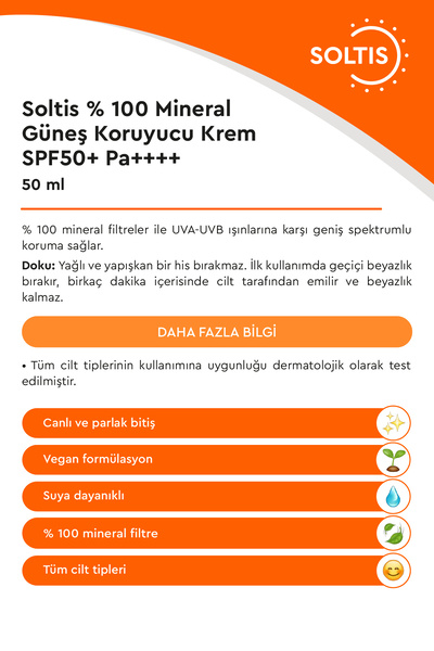 Soltis %100 Mineral Güneş Koruyucu Krem SPF 50+ Pa++++, 50 ml