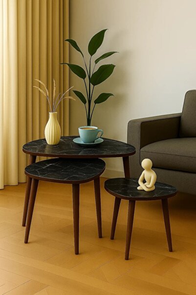 AYGE Paris 3lü Zigon Sehpa %100 MDF Siyah Mermer