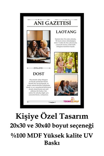 Teknograf Anı Gazetesi Tasarımlı Kişiye Özel 3 Fotoğraflı Dostluk Tablosu | Siyah Çerçeveli UV Baskı