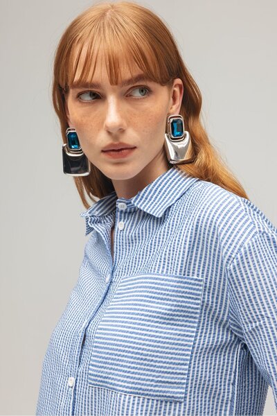 Saade Cămașă cu dungi cu detaliu înfășurat albastru