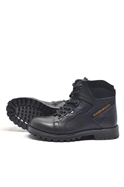 Rakerplus Genuine Leather Black Leather Zippered Fur Kids Boots