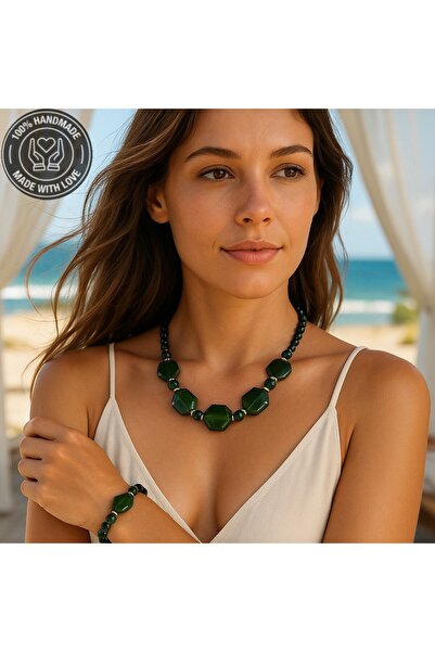 Asteria Elite مجموعة سوار قلادة من عرق اللؤلؤ العقيق الأخضر لعين النمر للقوة ...