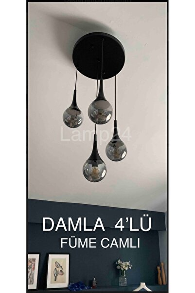 Lamp24 Damla 4lü Siyah Sarkıt Avize- Füme Camlı