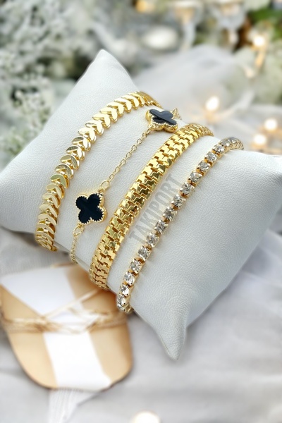 TAKIPORT Siyah Yonca Detay Gold Renk Kadın Bileklik Kombini