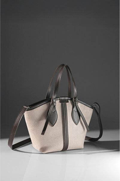 Rimense Women's Beige Suede Bitter Brown Faux Leather Zippered Lined Hand and Shoulder Bag