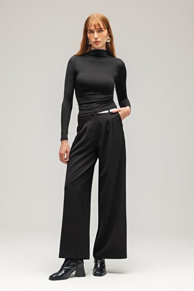 Saade Siyah Kadın Yüksek Bel Geniş Paça Dokuma Palazzo Pantolon - Kemer Detaylı