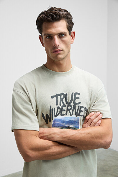 GRIMELANGE Wilder men's front printed 100% organic cotton oversize fit crew neck beige t-shirt