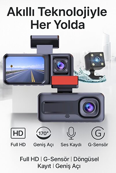 Zineets Siyah 1080p Araç içi 3 Kameralı Lcd Ekranlı Gece Görüşlü , G-sensör , Geri Görüş Kamera