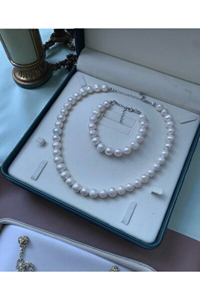 Taş-Mir 925 Ayar Gümüş Doğal 10mm Inci Kolye Bileklik Set Gelin Düğün Nişan Set