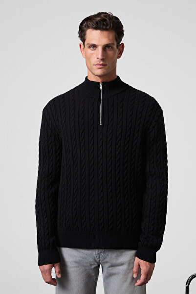 GRIMELANGE Ανδρικό πλεκτό πουλόβερ με μισό φερμουάρ IVAR με ριχτό γιακά και σχέδιο πλεξούδας μαλλιών