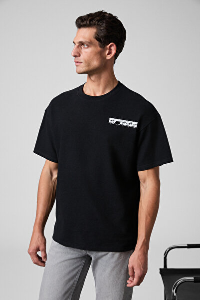 GRIMELANGE Crest Men's Chest and Back Printed 100% Organic Cotton Oversize Fit Crew Neck Black T-Shirt