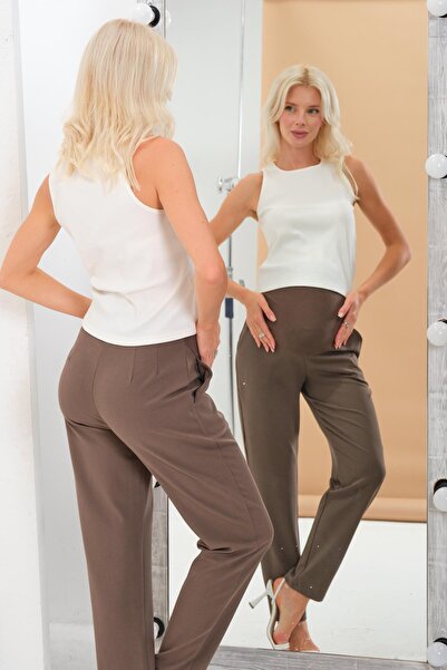 BUSA Pregnant Flexible Abdominal Banded Waist Adjustable Mom Fit Classic Gabardine Pants Mink