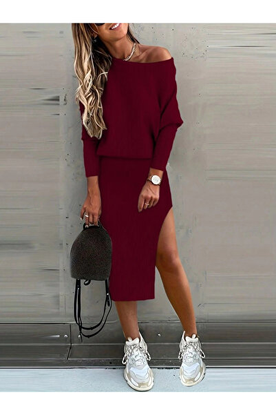 Butik Women's Long Sleeve Low Shoulder Slit Detail Camisole Skirt Blouse Double Suit