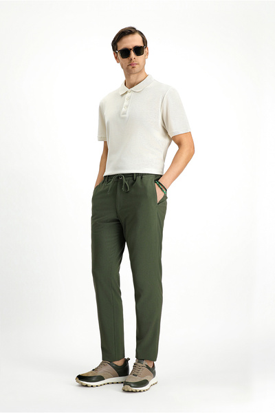 Kiğılı Super Slim Fit Ekstra Dar Kesim Beli Lastikli İpli Gofre Likralı Klasik Kumaş Pantolon