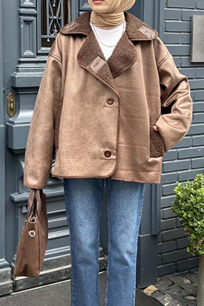 lamelif Σουέντ παλτό με κουμπιά πικρό καφέ