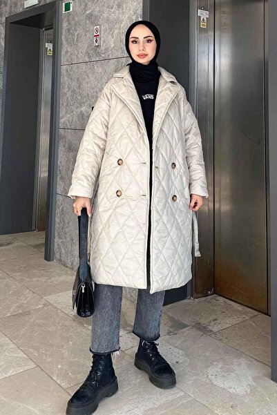lamelif Jacket with Collar, Belted, Quilted Coat, Stone Color