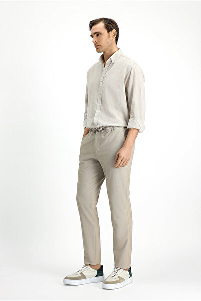 Kiğılı Super Slim Fit Ekstra Dar Kesim Beli Lastikli İpli Gofre Likralı Klasik Kumaş Pantolon