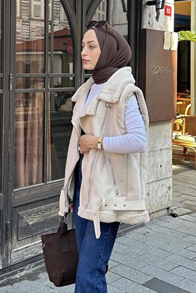 lamelif Μπεζ σουέντ γιλέκο - με λεπτομέρεια από γούνα