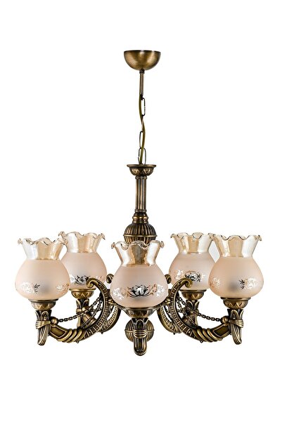 DEDE BEŞ KOLLU METAL ESKİTME CADENA DÖKÜM ZAMAK AVİZE MAT BAL CAMLI