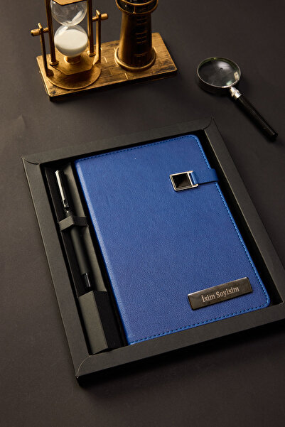 locko Kişiye Özel Hediyelik Kutulu Siyah Kalemli Çizgili 180 Sayfa Lacivert D...